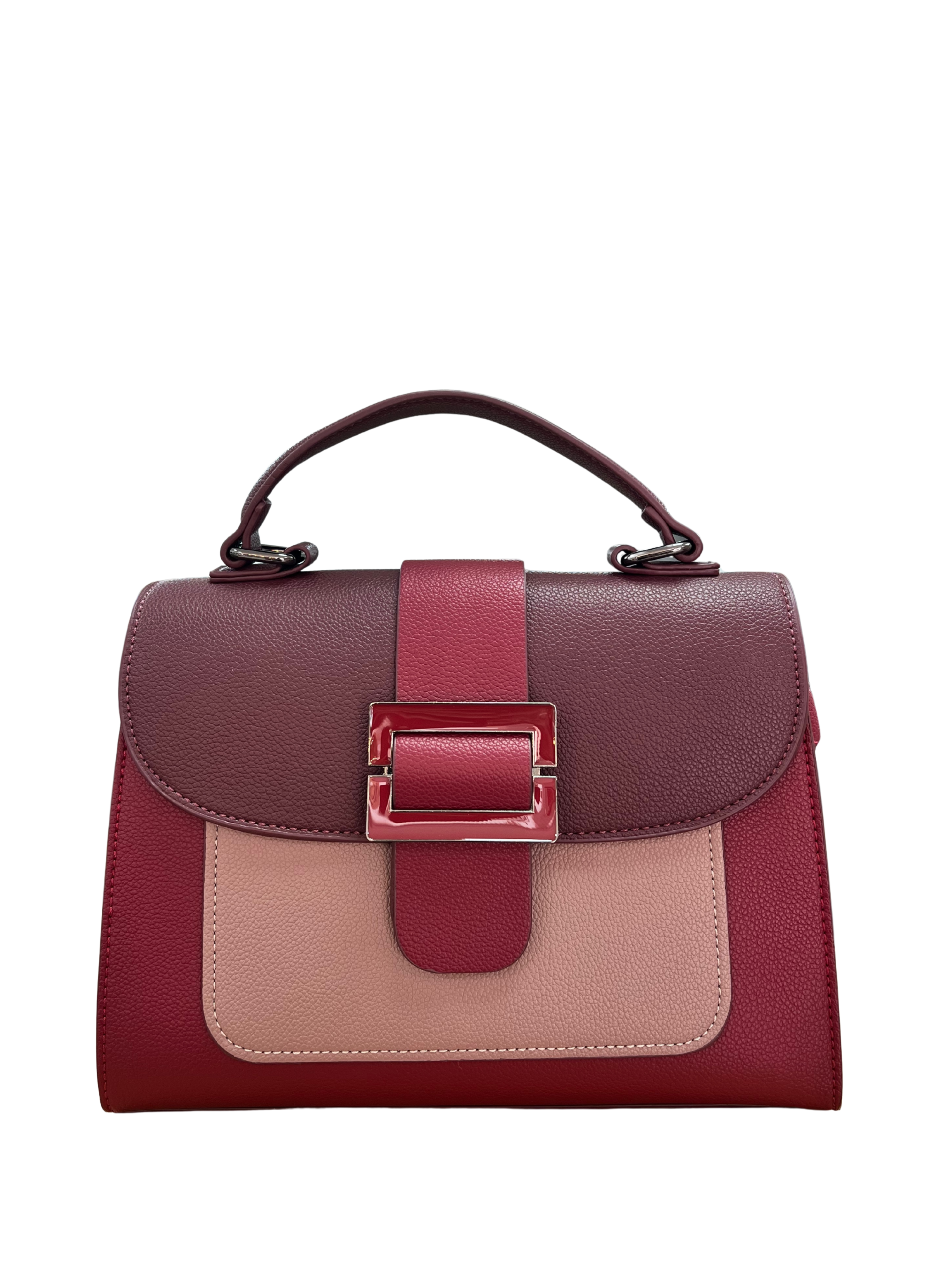 BOLSO DE MANO BICOLOR BURDEOS Y NUDE CON HEBILLA