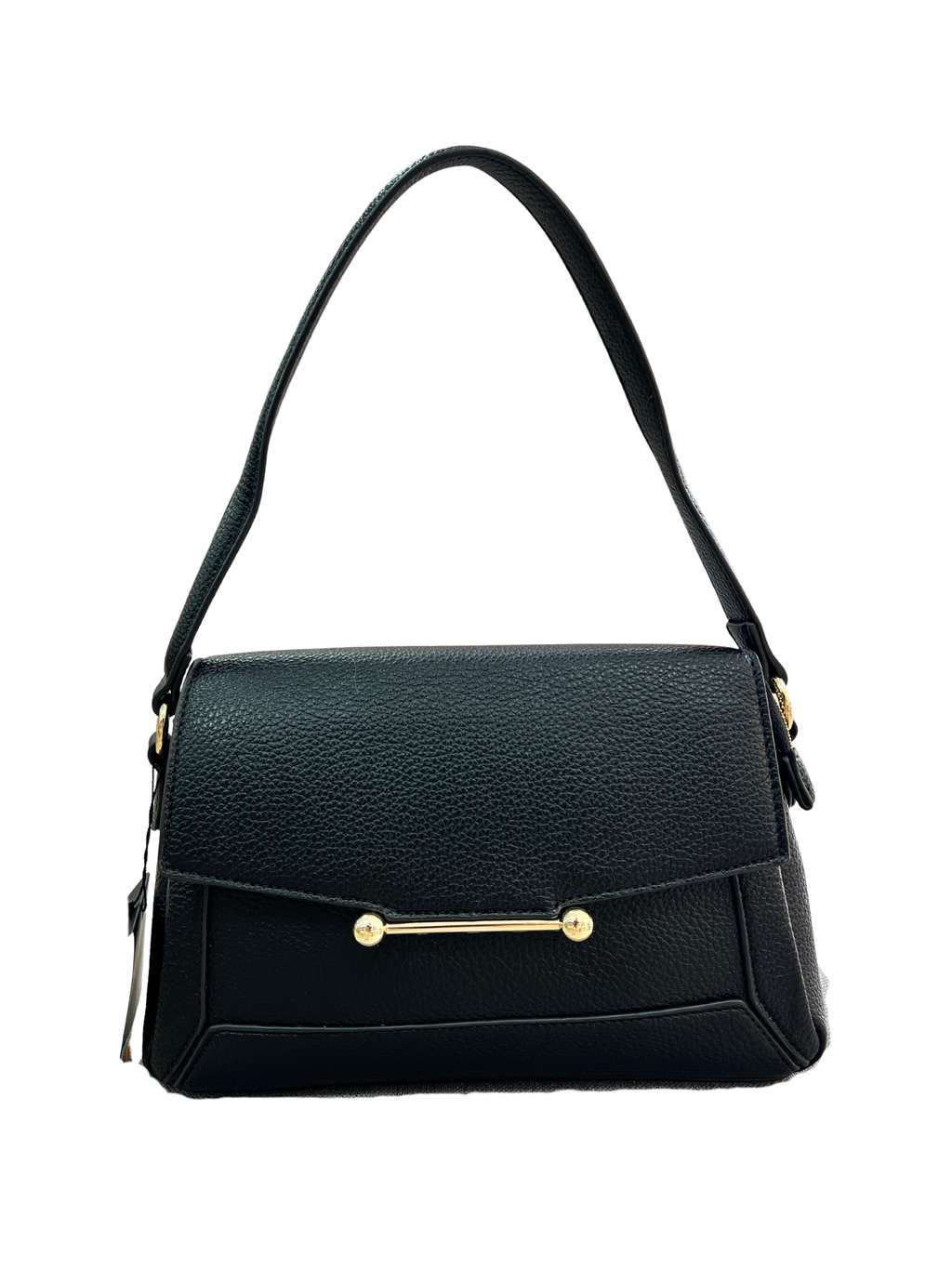 BOLSO DE MANO NEGRO CLÁSICO CON DETALLE DORADO Y CIERRE SOLAPA