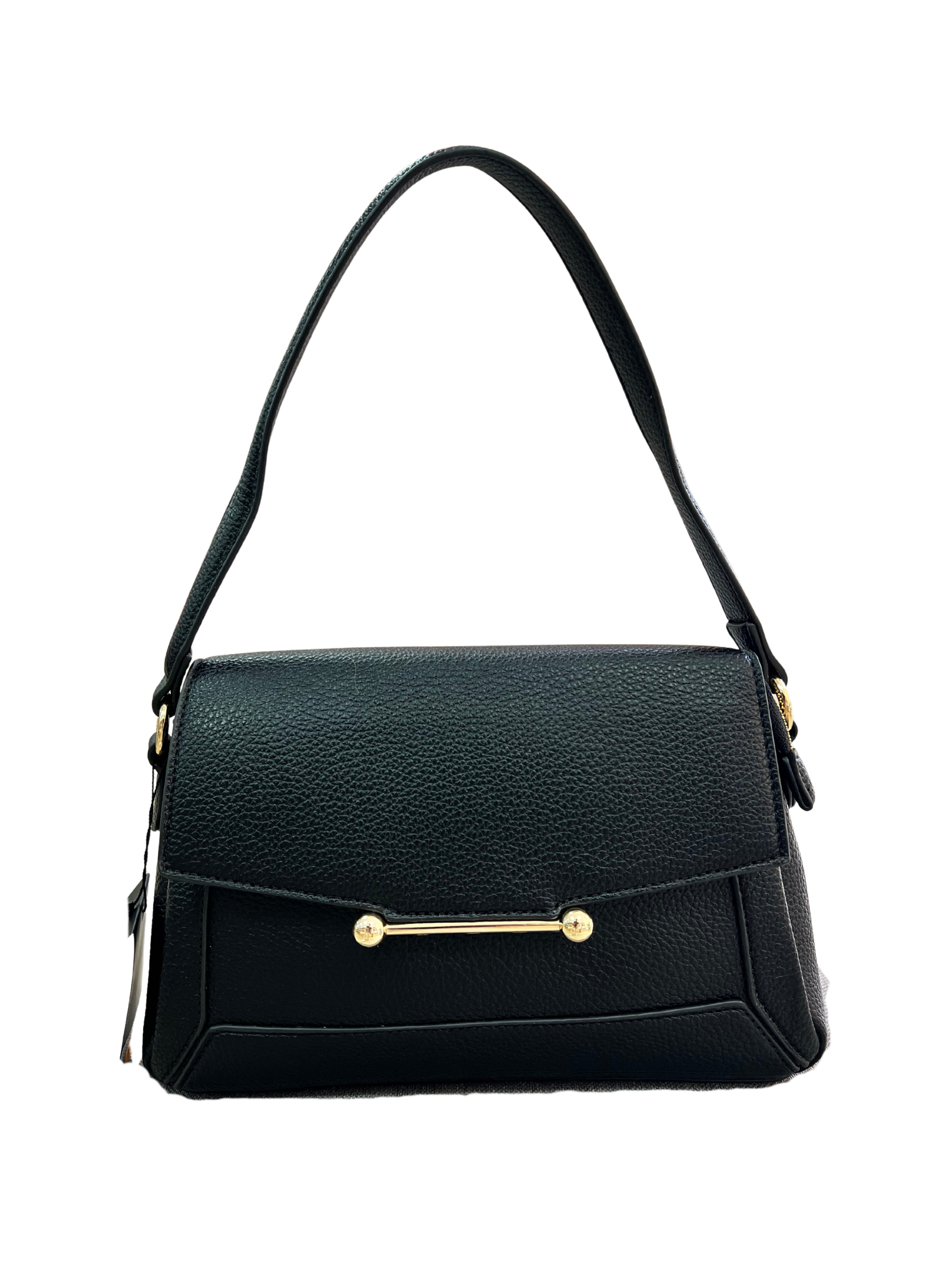 BOLSO DE MANO NEGRO CLÁSICO CON DETALLE DORADO Y CIERRE SOLAPA
