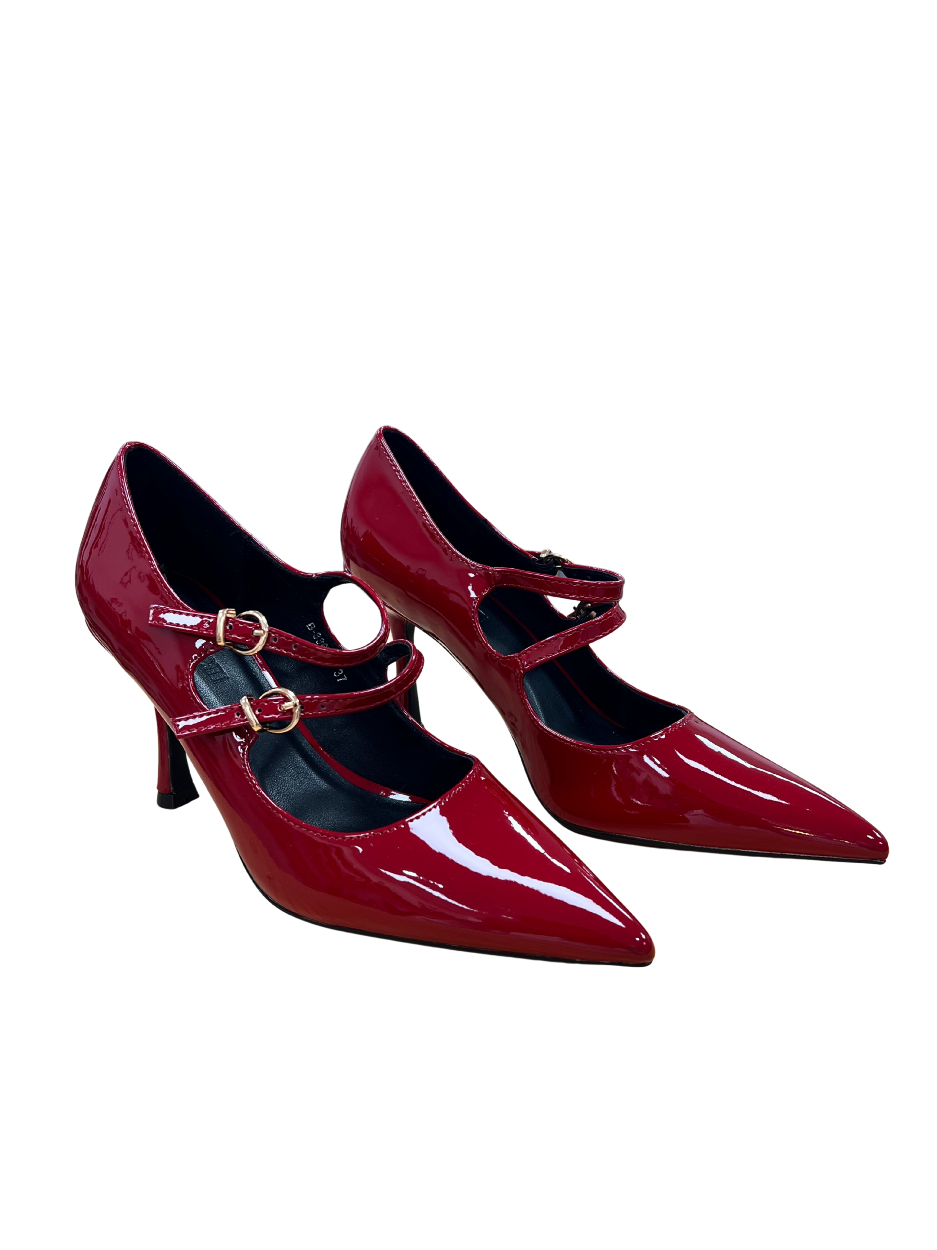 Zapatos de tacón alto mujer en charol rojo con doble correa