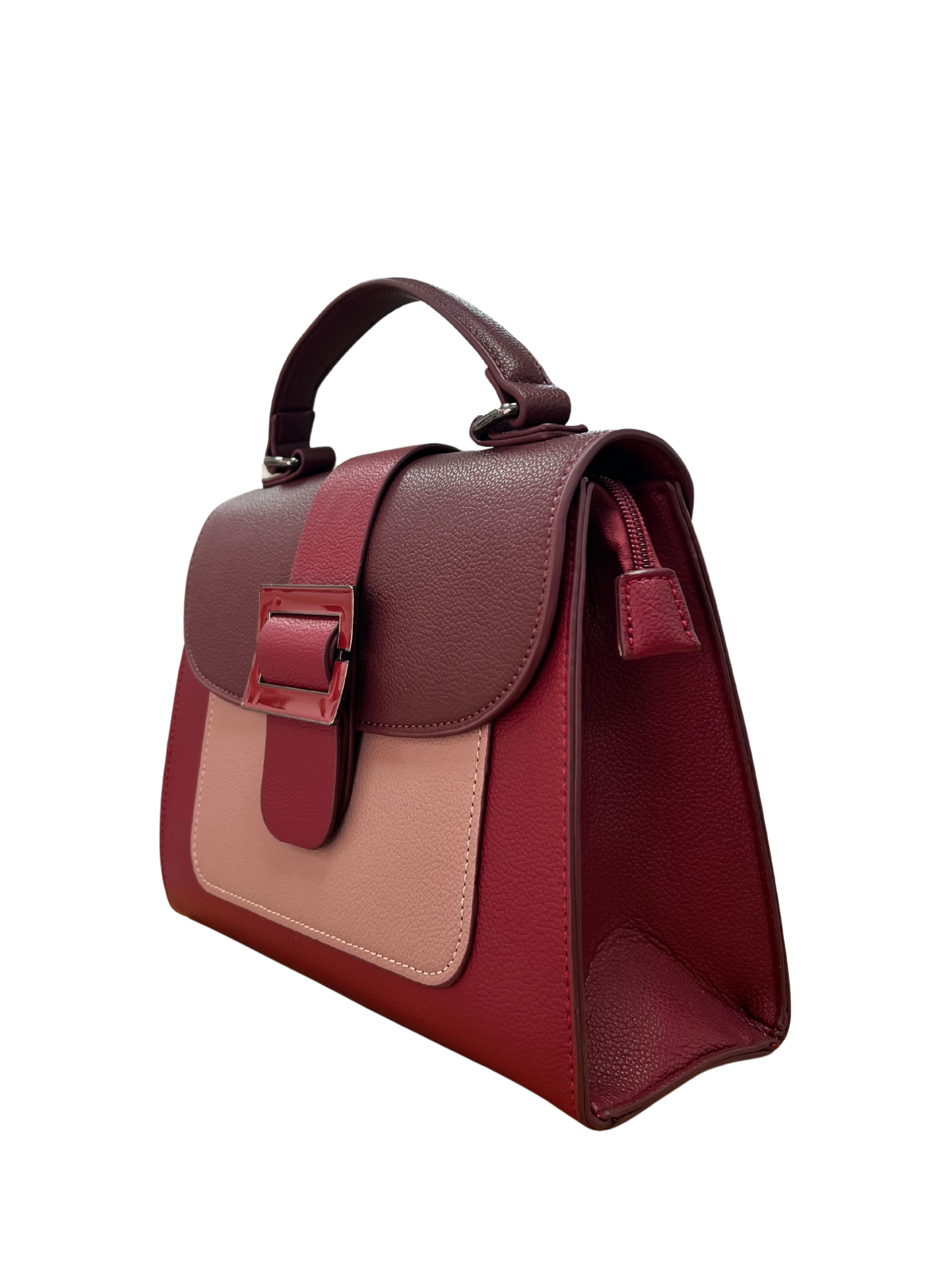 BOLSO DE MANO BICOLOR BURDEOS Y NUDE CON HEBILLA