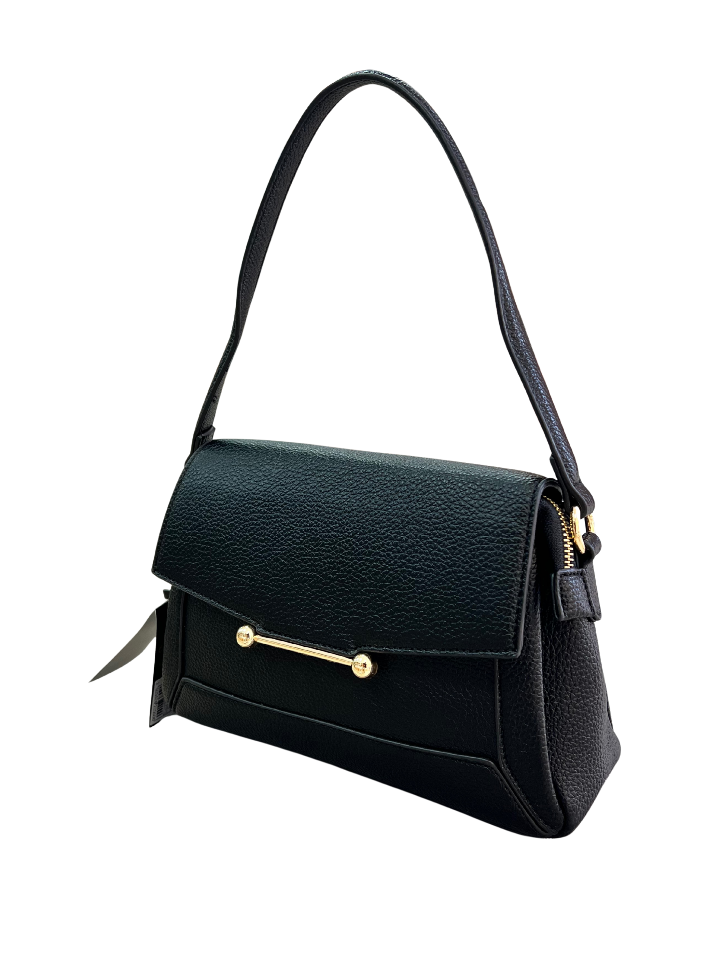 BOLSO DE MANO NEGRO CLÁSICO CON DETALLE DORADO Y CIERRE SOLAPA