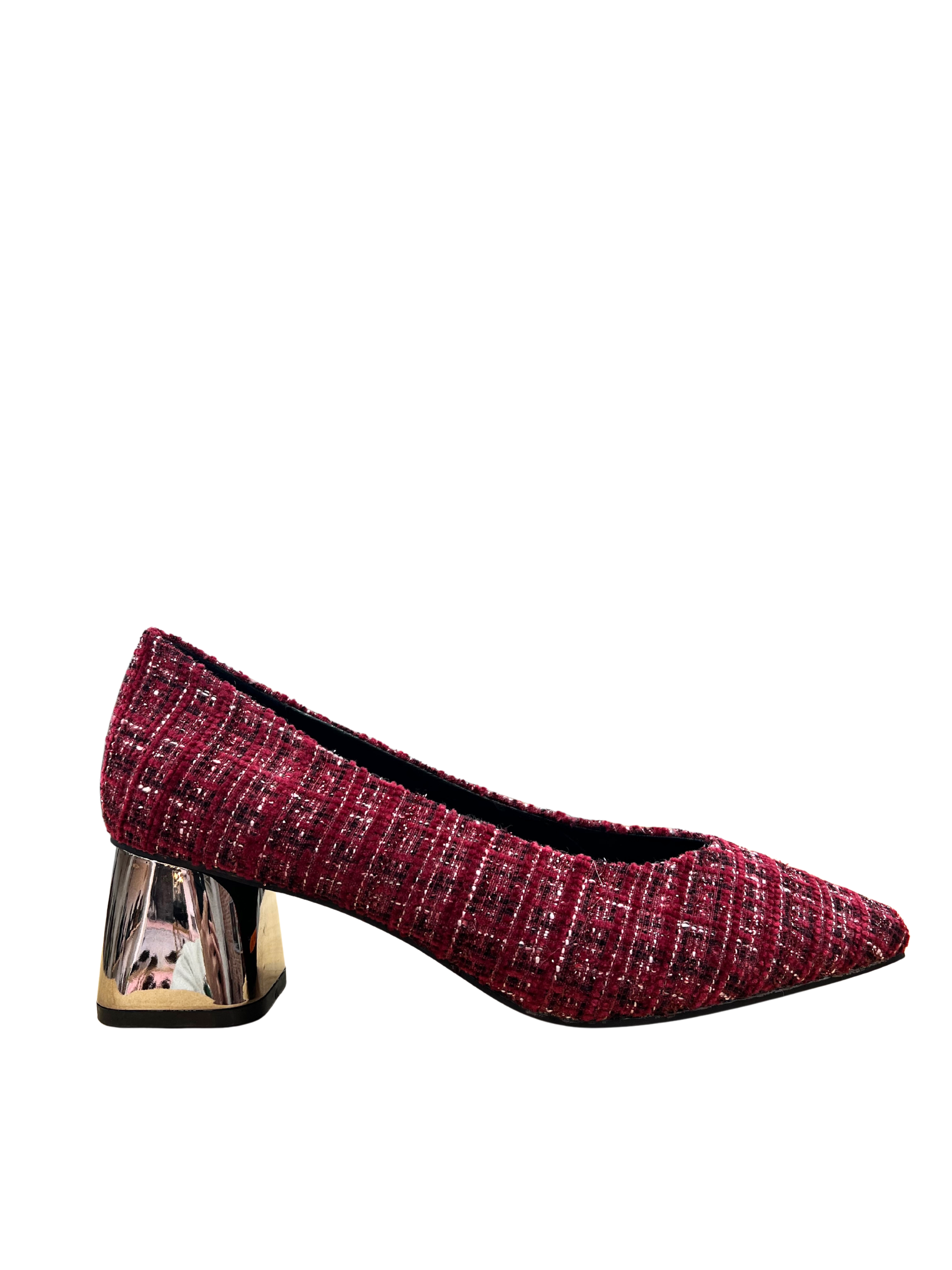 Zapatos de tacón bajo mujer color vino en tweed con tacón metálico