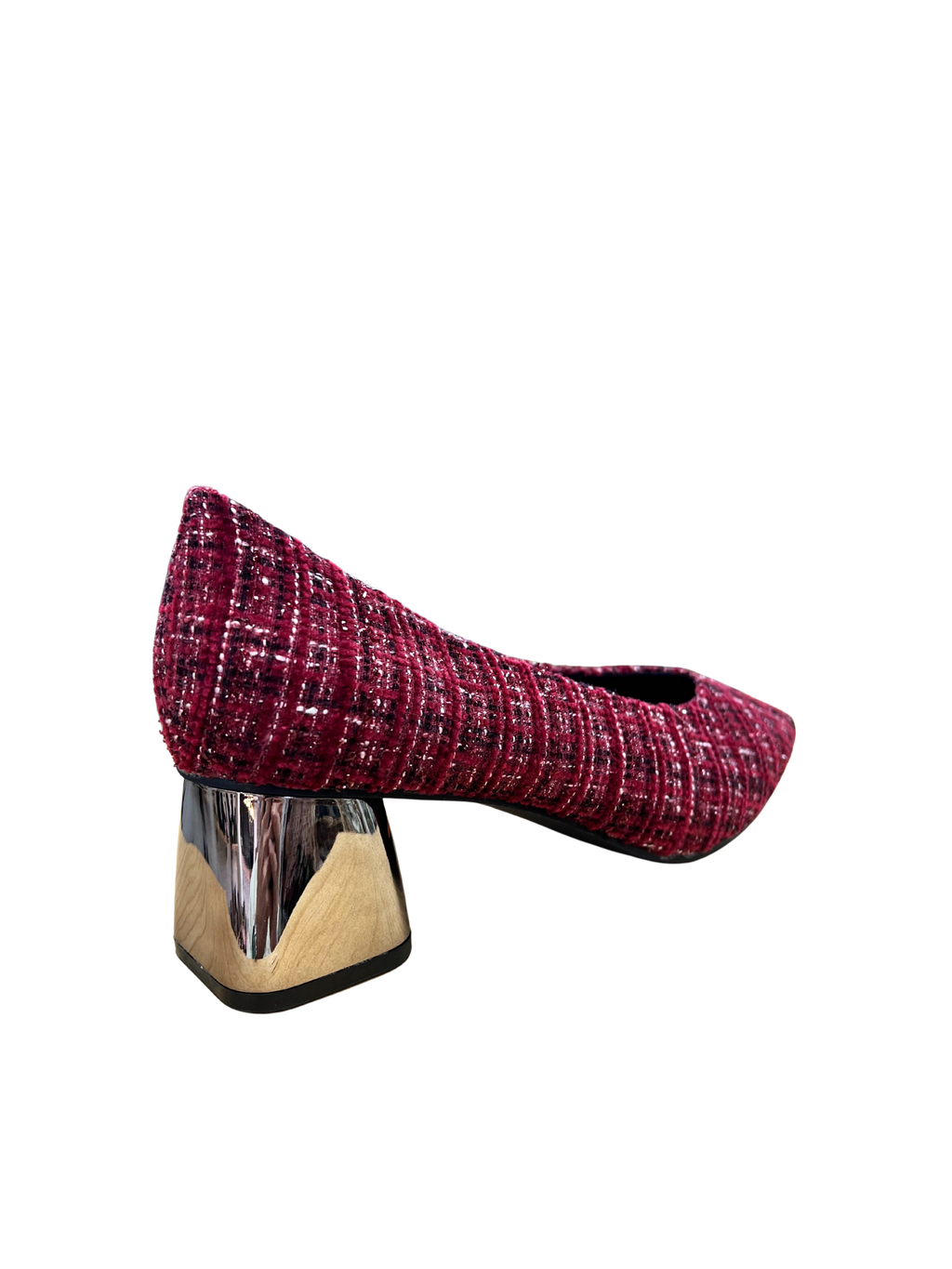 Zapatos de tacón bajo mujer color vino en tweed con tacón metálico