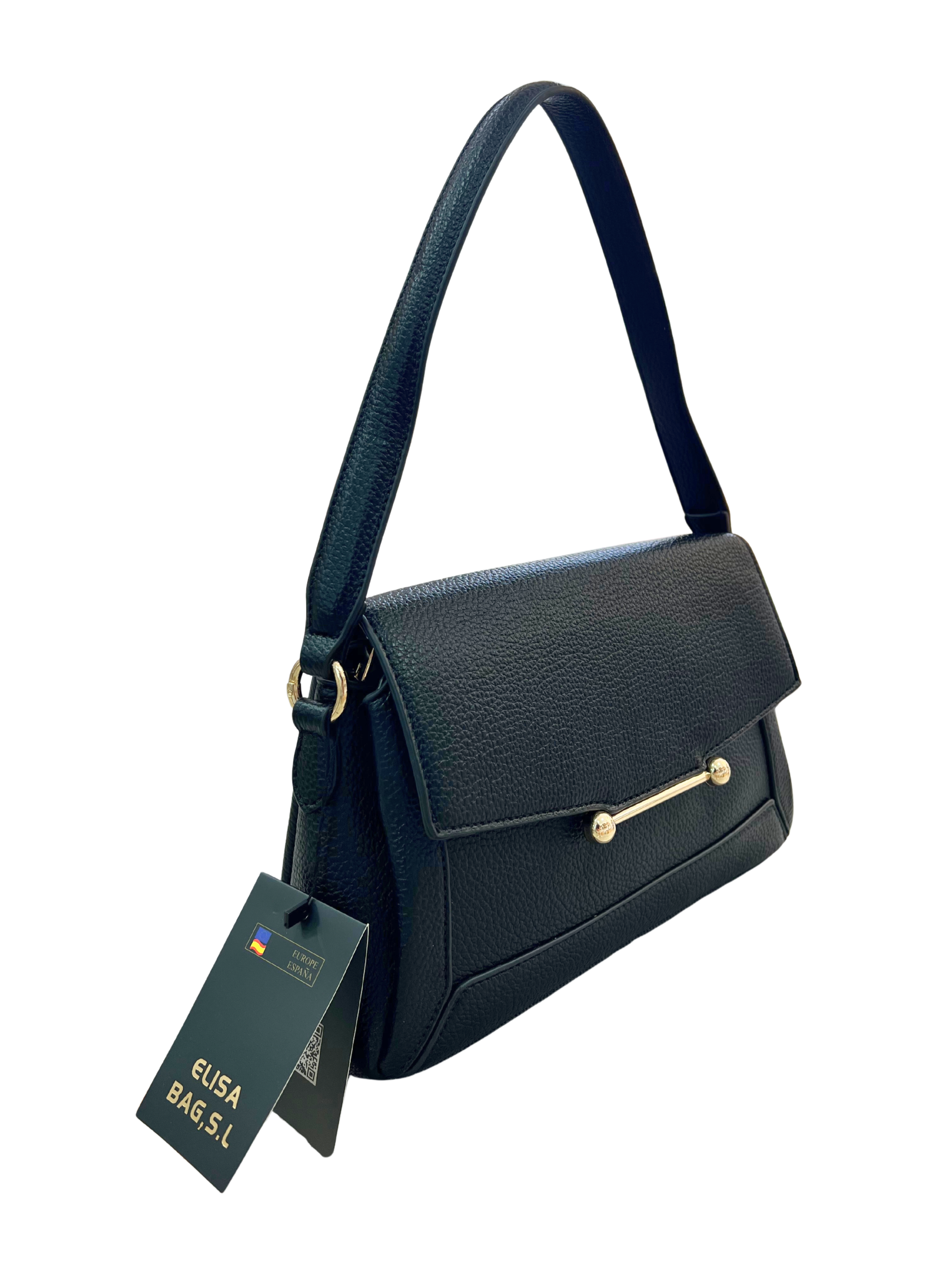 BOLSO DE MANO NEGRO CLÁSICO CON DETALLE DORADO Y CIERRE SOLAPA