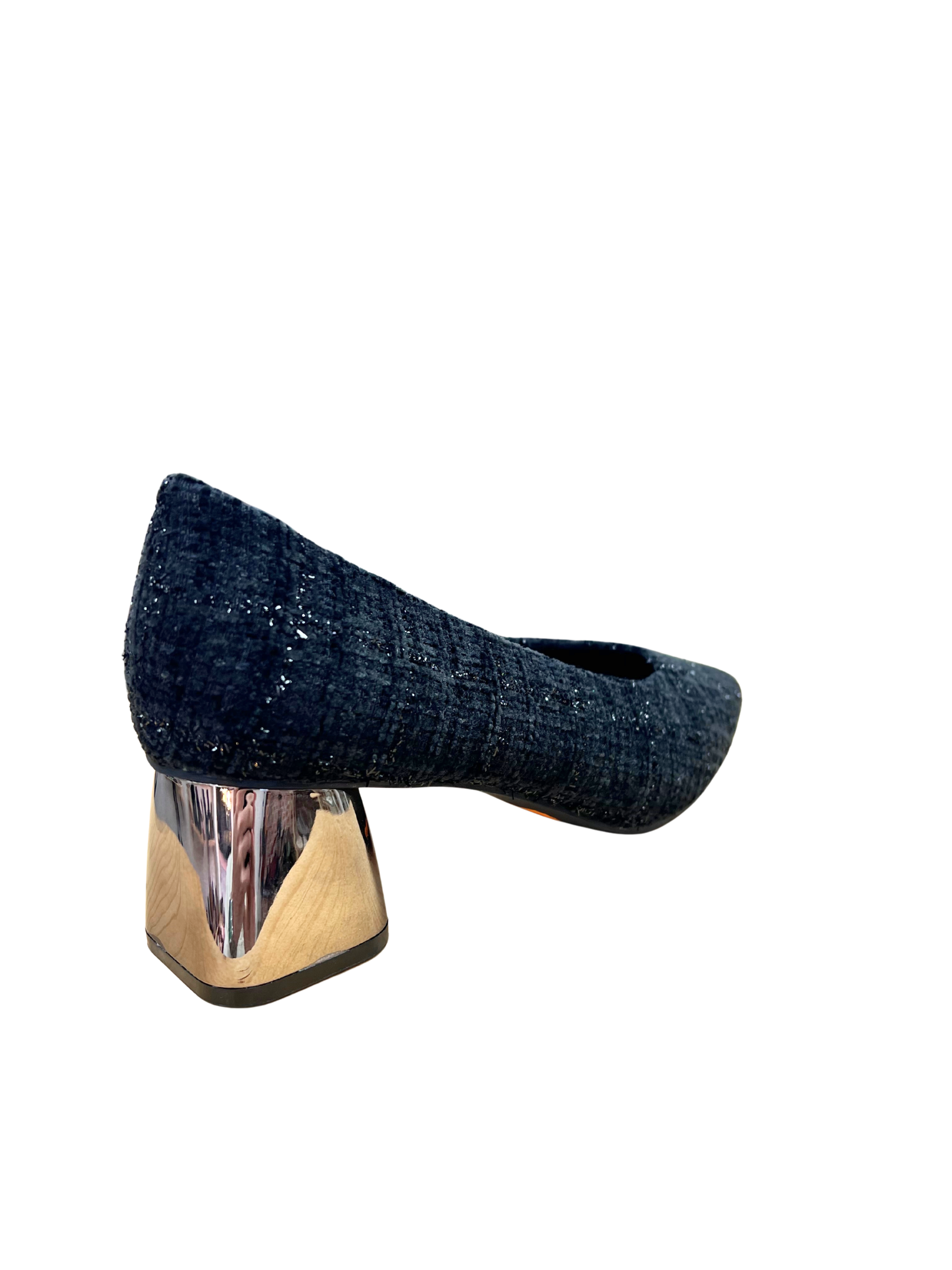 Zapatos de tacón bajo mujer en tweed negro con tacón metálico