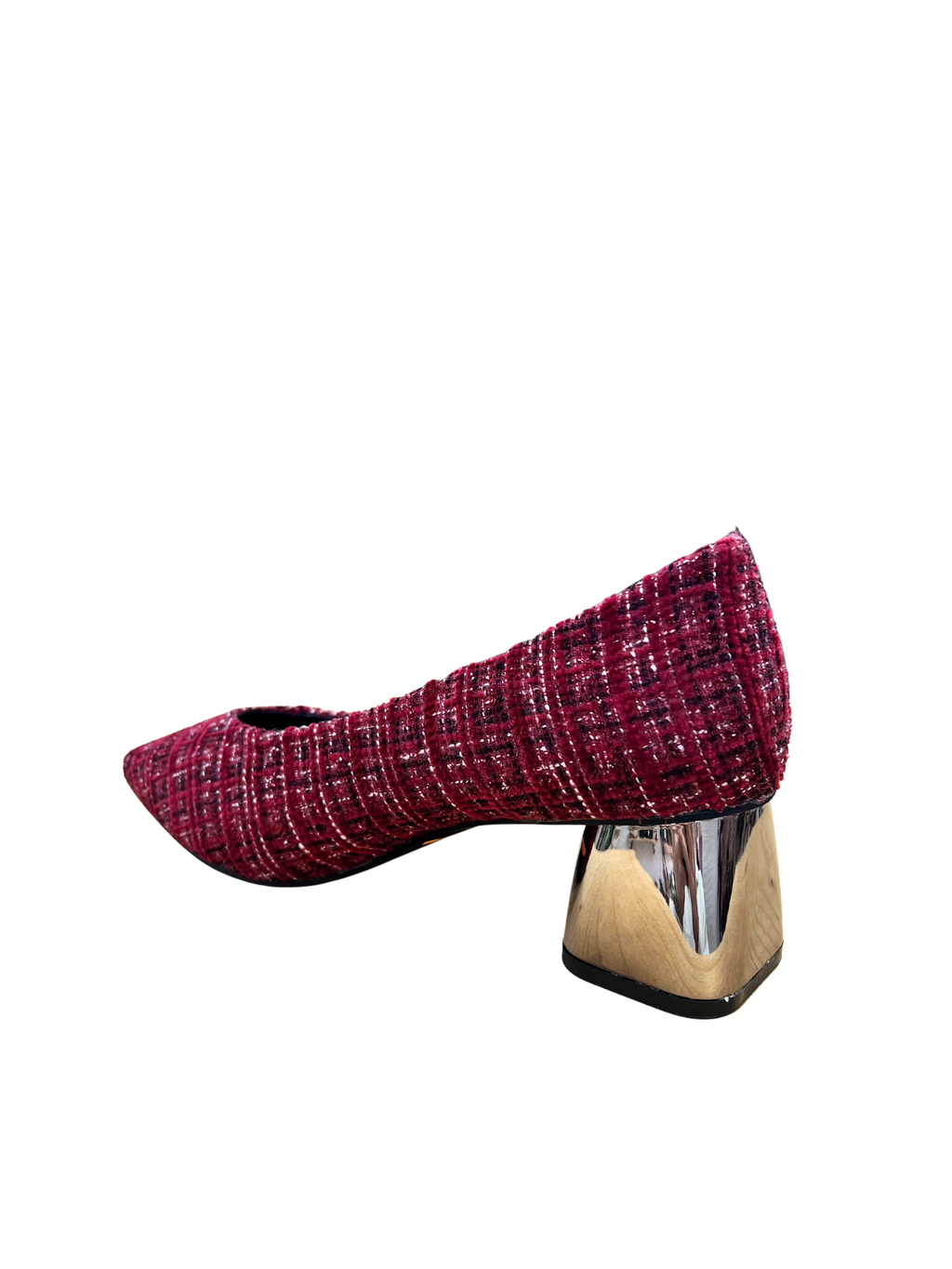 Zapatos de tacón bajo mujer color vino en tweed con tacón metálico