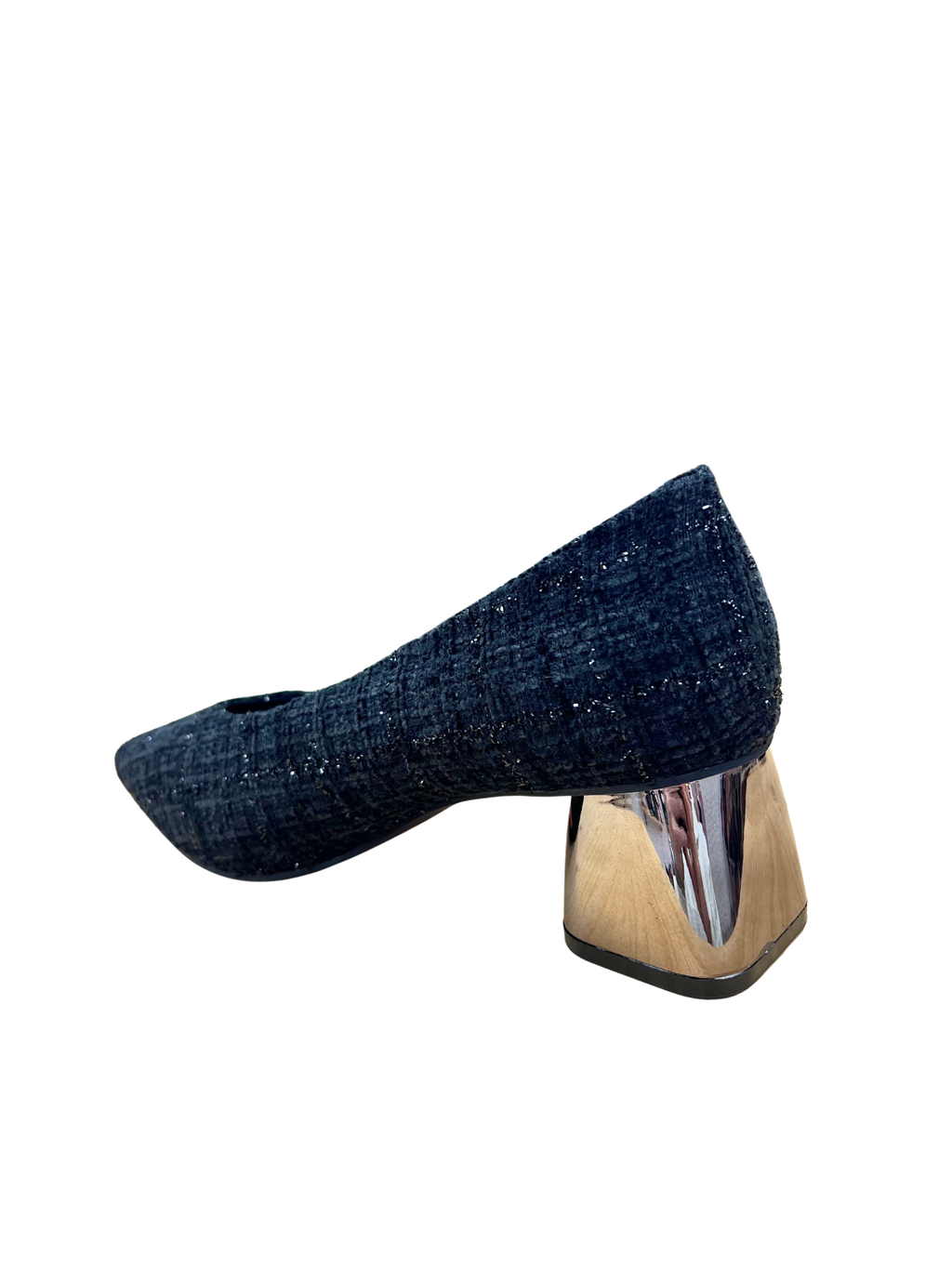 Zapatos de tacón bajo mujer en tweed negro con tacón metálico
