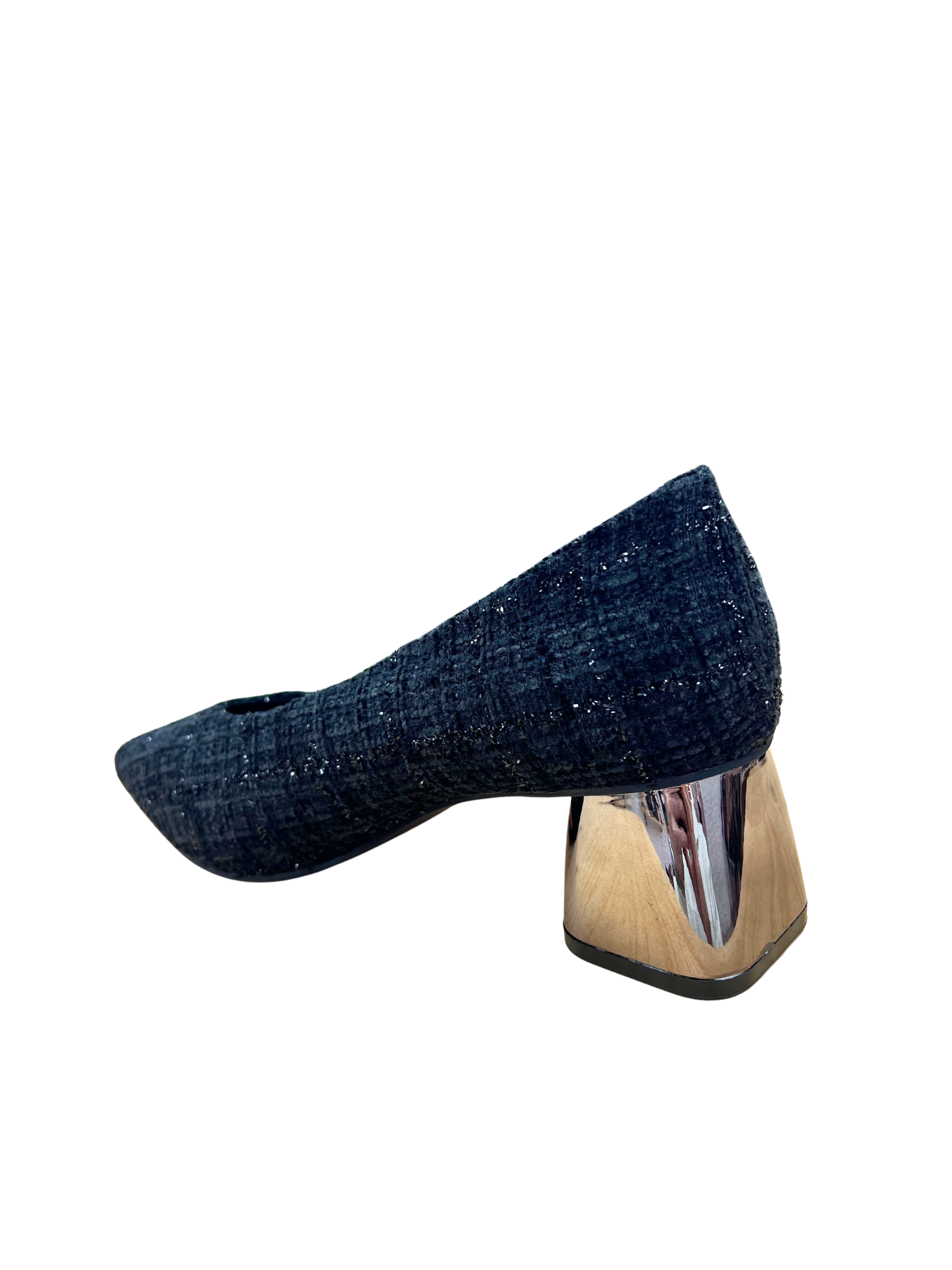 Zapatos de tacón bajo mujer en tweed negro con tacón metálico