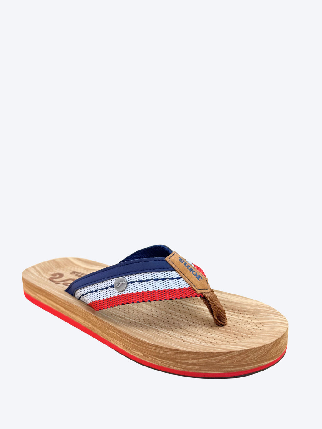 Chancla hombre Joma rayas marino rojo vista diagonal frontal mostrando plantilla efecto madera