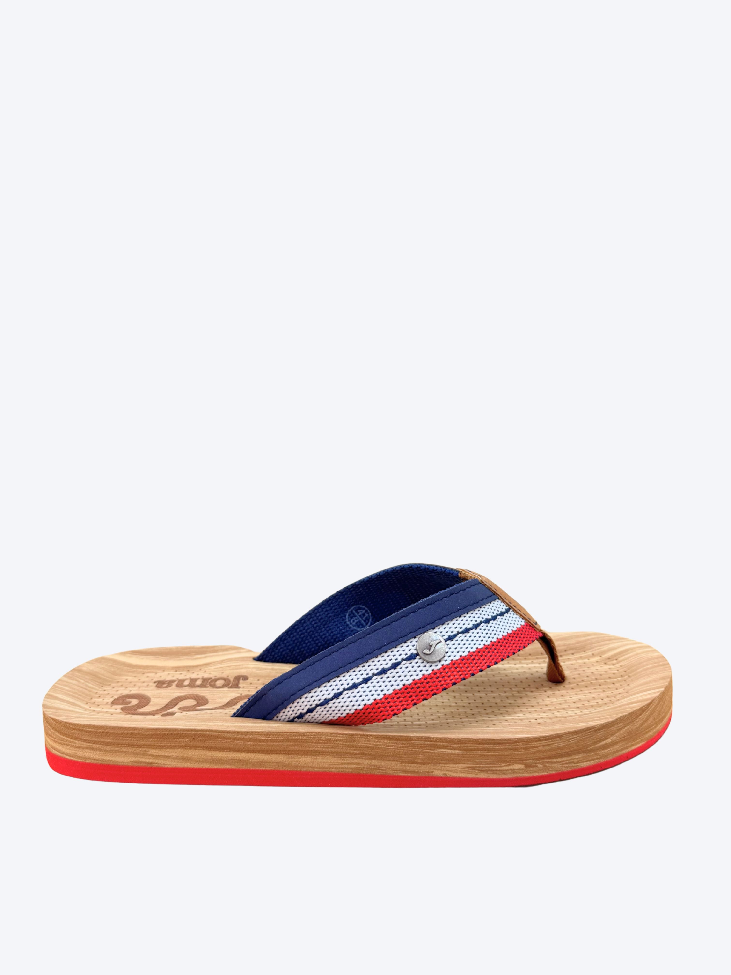 Chancla hombre Joma rayas azul marino rojo y blanco con plantilla efecto madera vista lateral izquierda