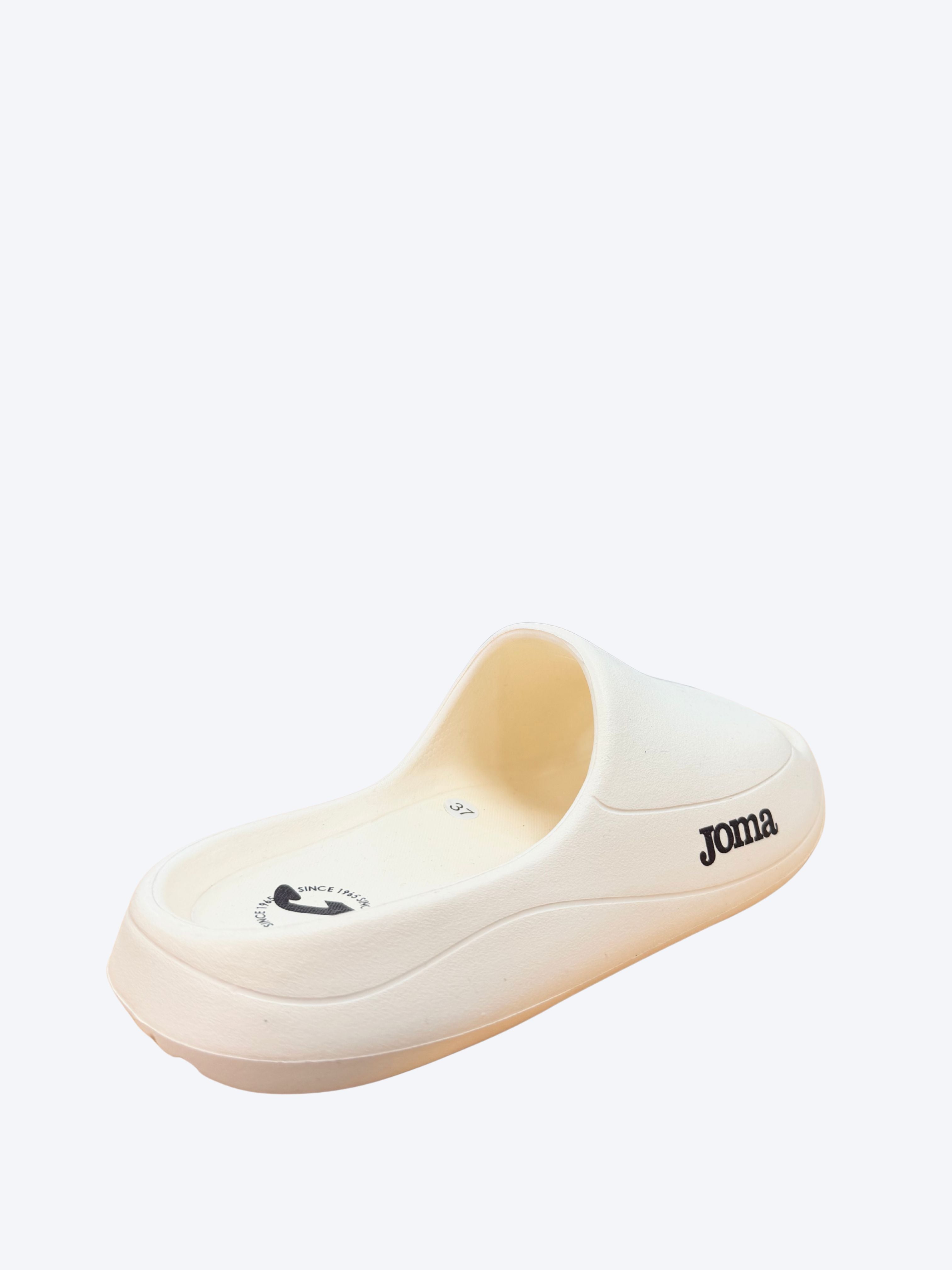Chancla pala mujer Joma amarillo crema vista trasera con logo Joma negro y suela EVA