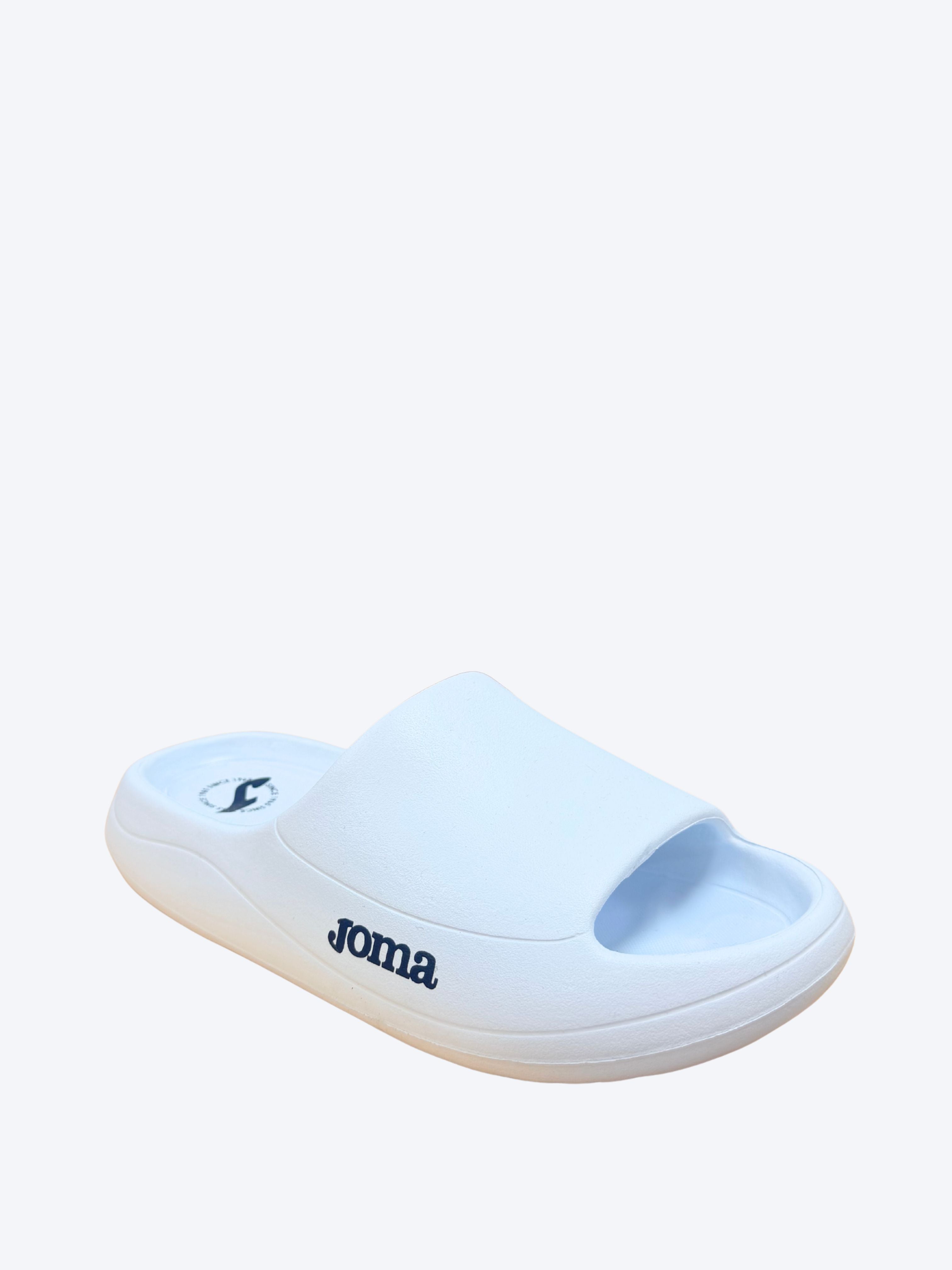 Chancla pala mujer Joma azul celeste vista diagonal frontal mostrando suela gruesa acolchada