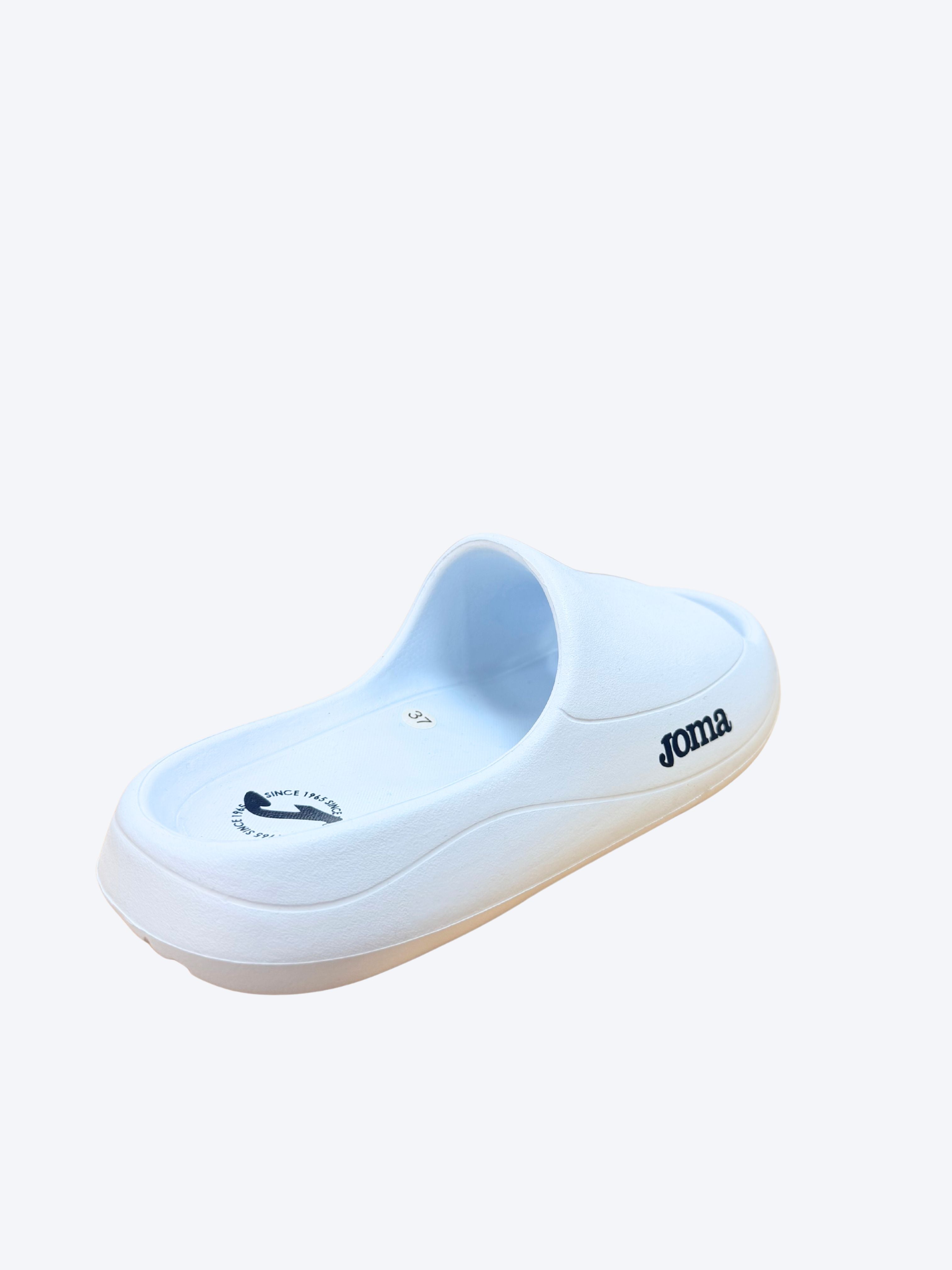 Chancla pala mujer Joma azul celeste vista trasera con logo Joma marino y suela EVA blanca