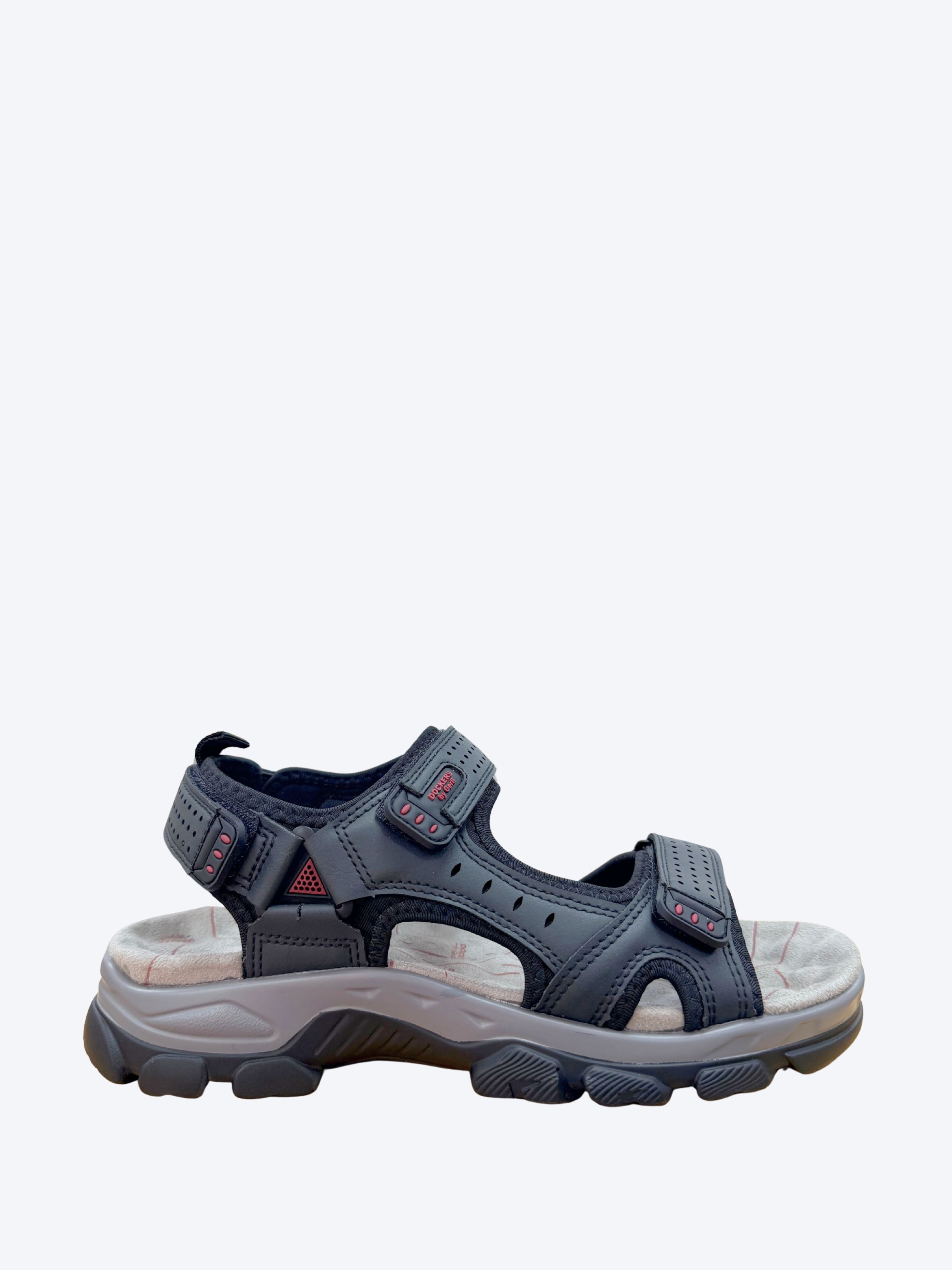 Sandalia deportiva hombre Dockers en azul marino con triple velcro rojo y suela trekking bicolor, vista lateral