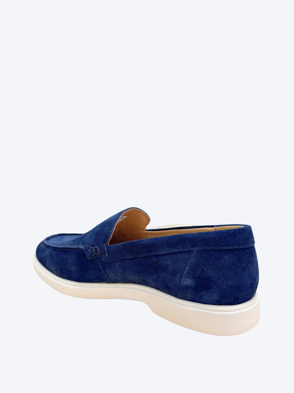 Vista trasera mocasín serraje azul marino hombre Geox suela blanca