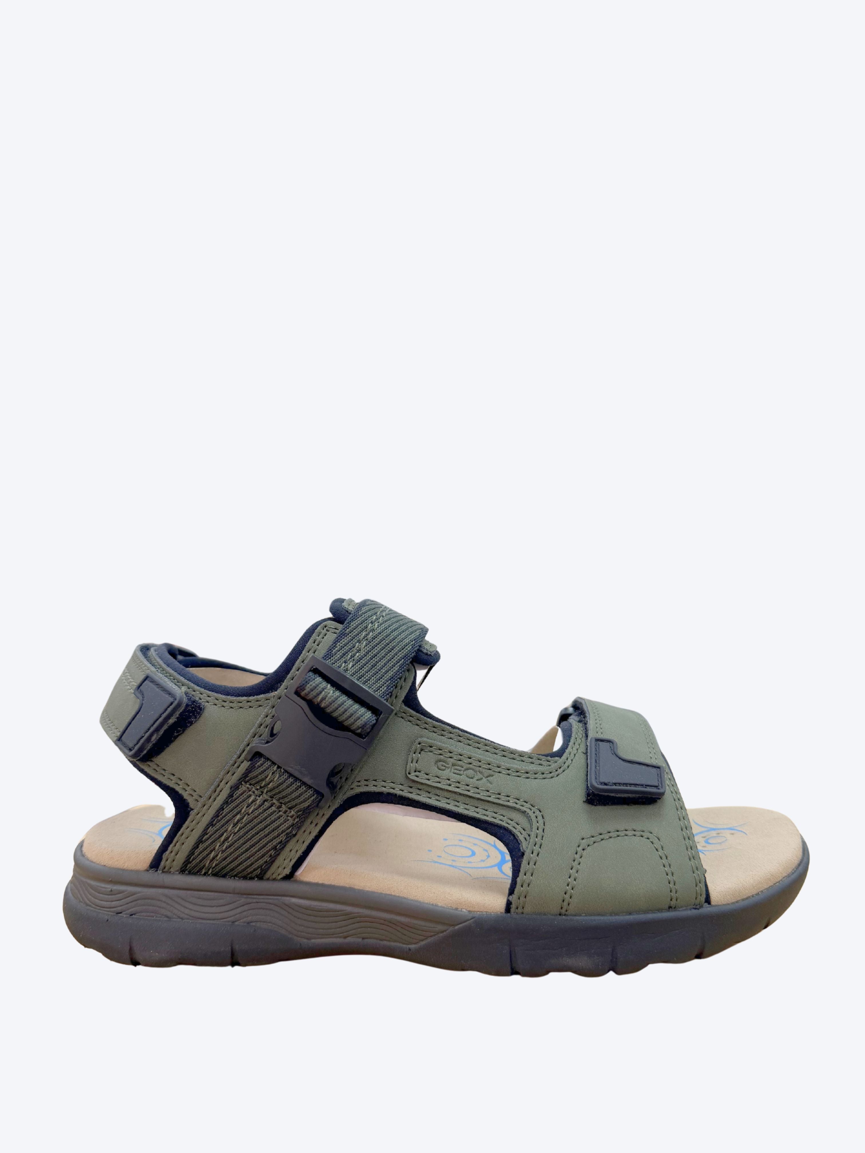 Sandalia sport hombre Geox verde kaki con doble velcro, panel transpirable y suela con esferas propulsoras, vista lateral