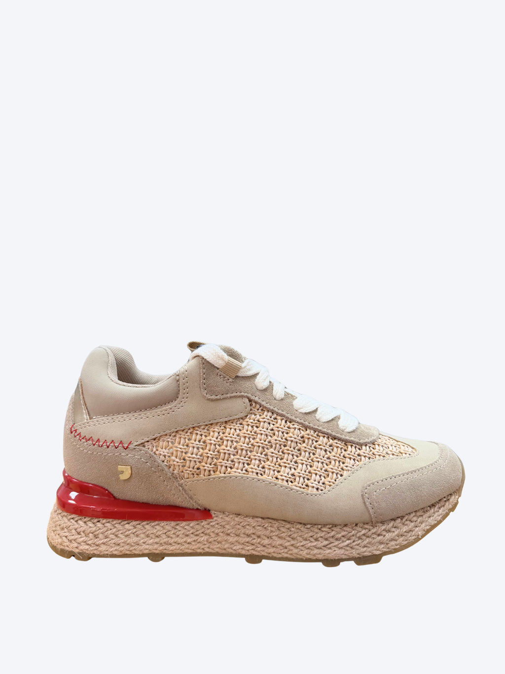 Sneakers mujer Gioseppo en ante beige con tejido de rafia, costuras rojas y suela de esparto con cápsula roja semitransparente, vista lateral