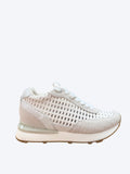 Sneakers mujer Gioseppo en ante beige con tejido trenzado calado blanco y suela plataforma, vista lateral