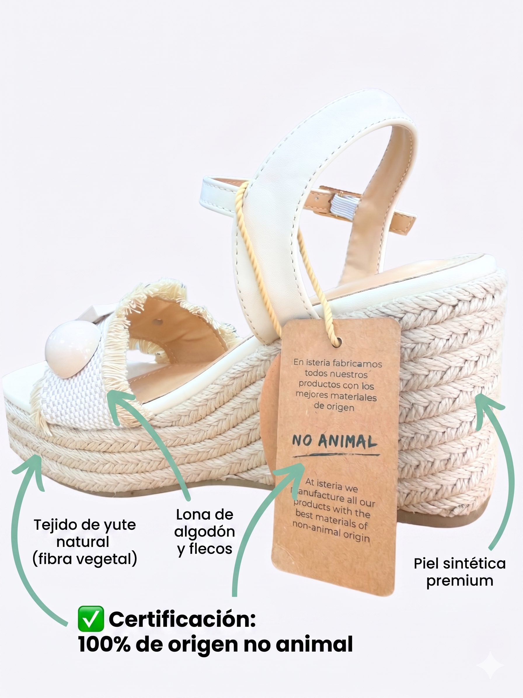 Detalle materiales veganos sandalia cuña blanca Isteria yute lona y piel sintética