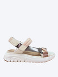andalia Geox mujer vista lateral con tiras metalizadas rosa y plata, velcro y plataforma blanca