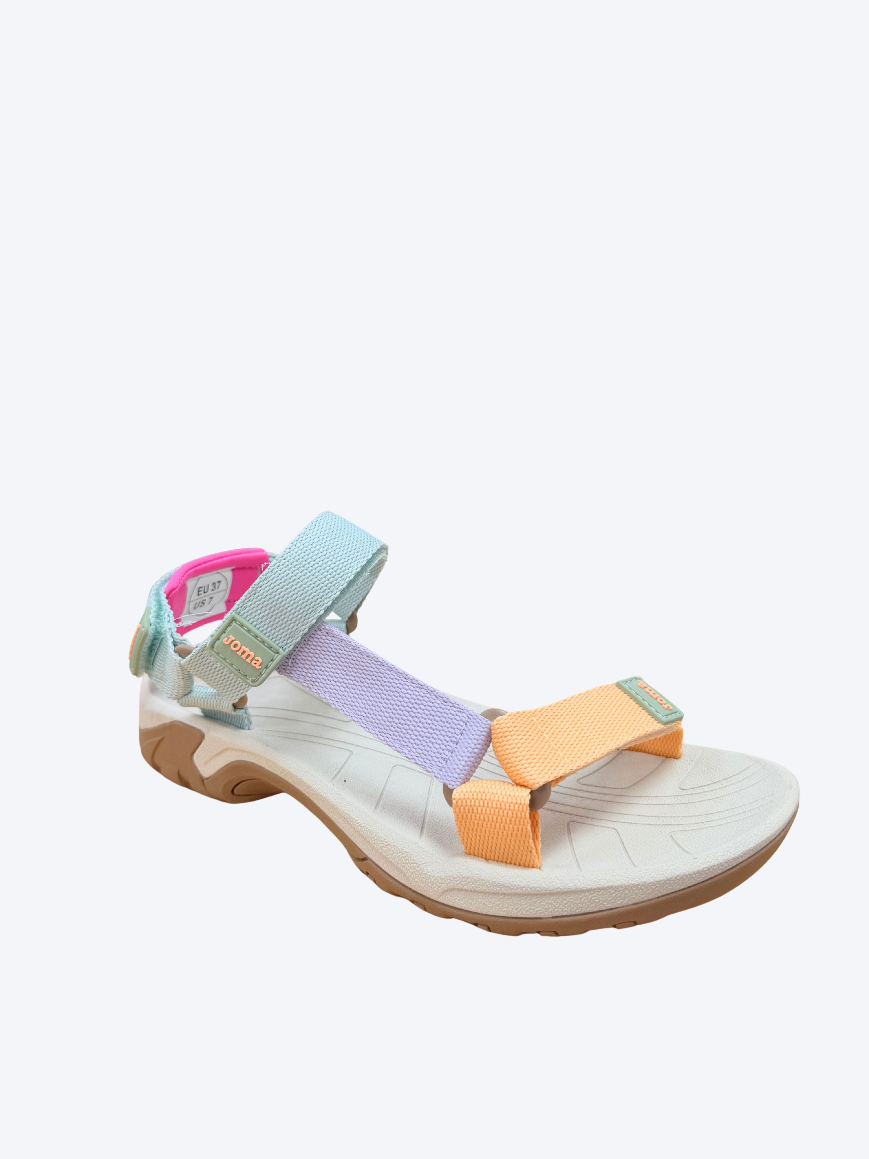 Sandalia mujer Joma multicolor pastel vista diagonal frontal con velcro y suela trekking camel