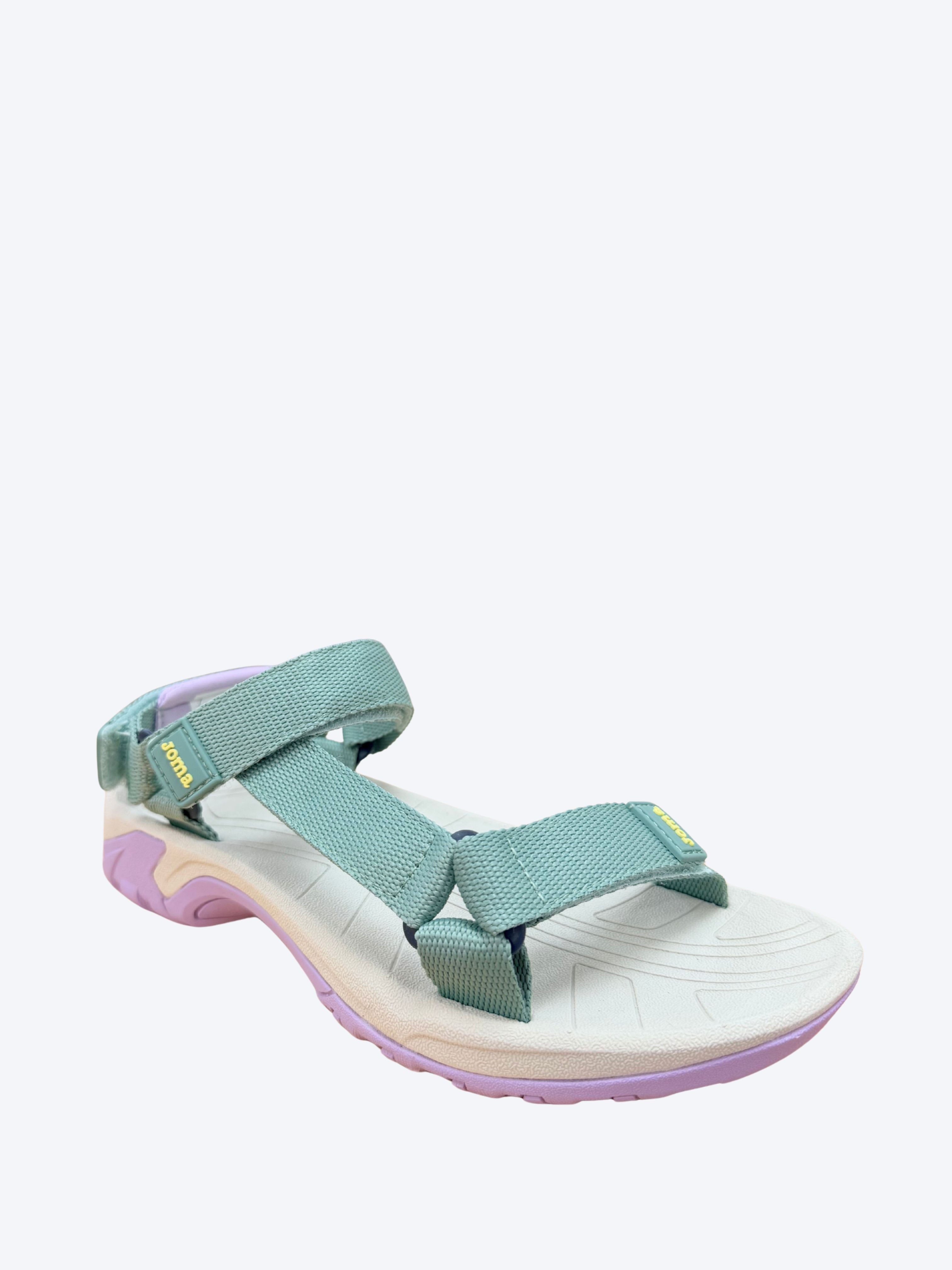Sandalia mujer Joma verde agua vista diagonal frontal con suela tricolor lila beige y rosa