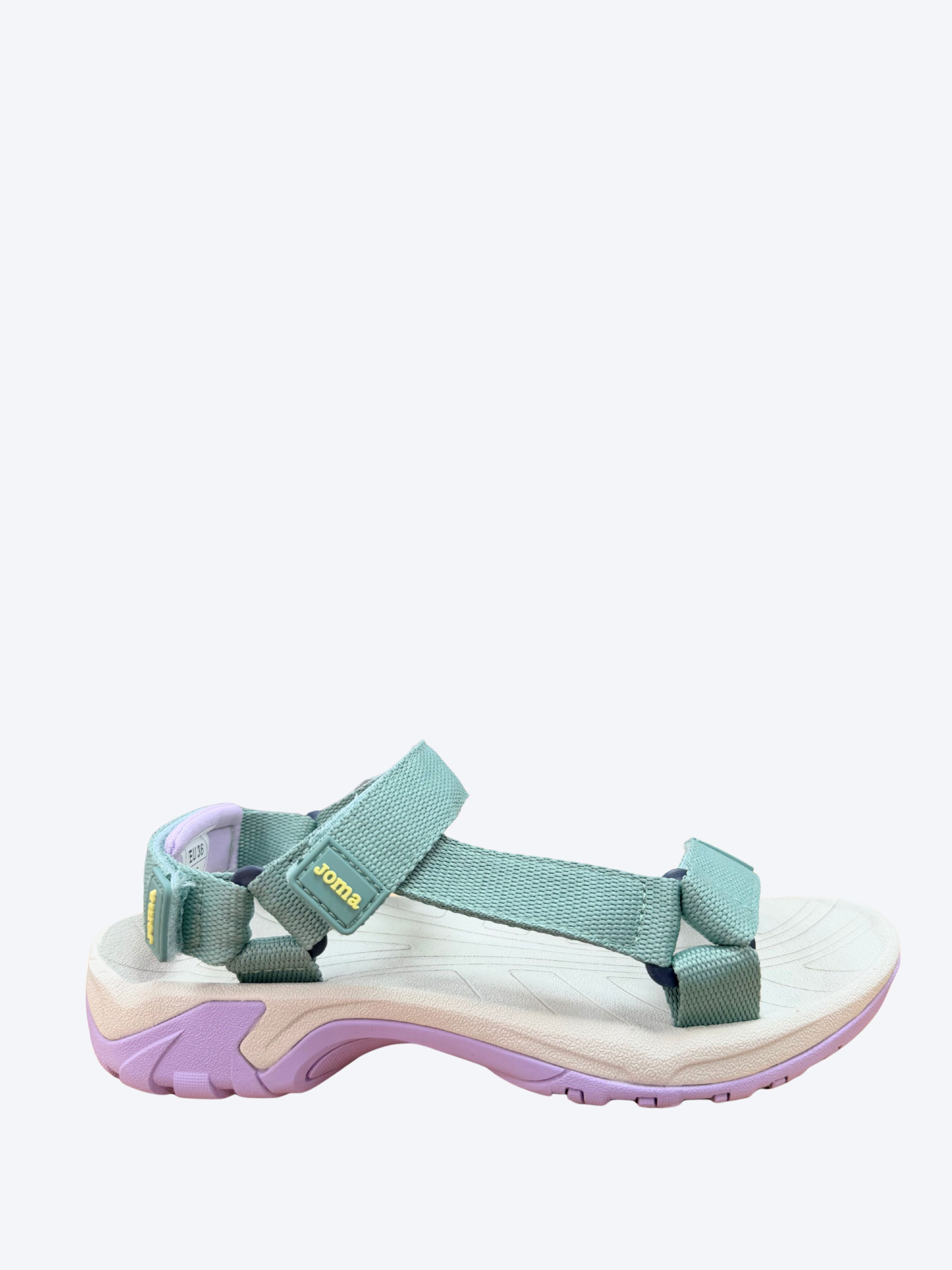 Sandalia mujer Joma verde agua con velcro y suela lila vista lateral izquierda