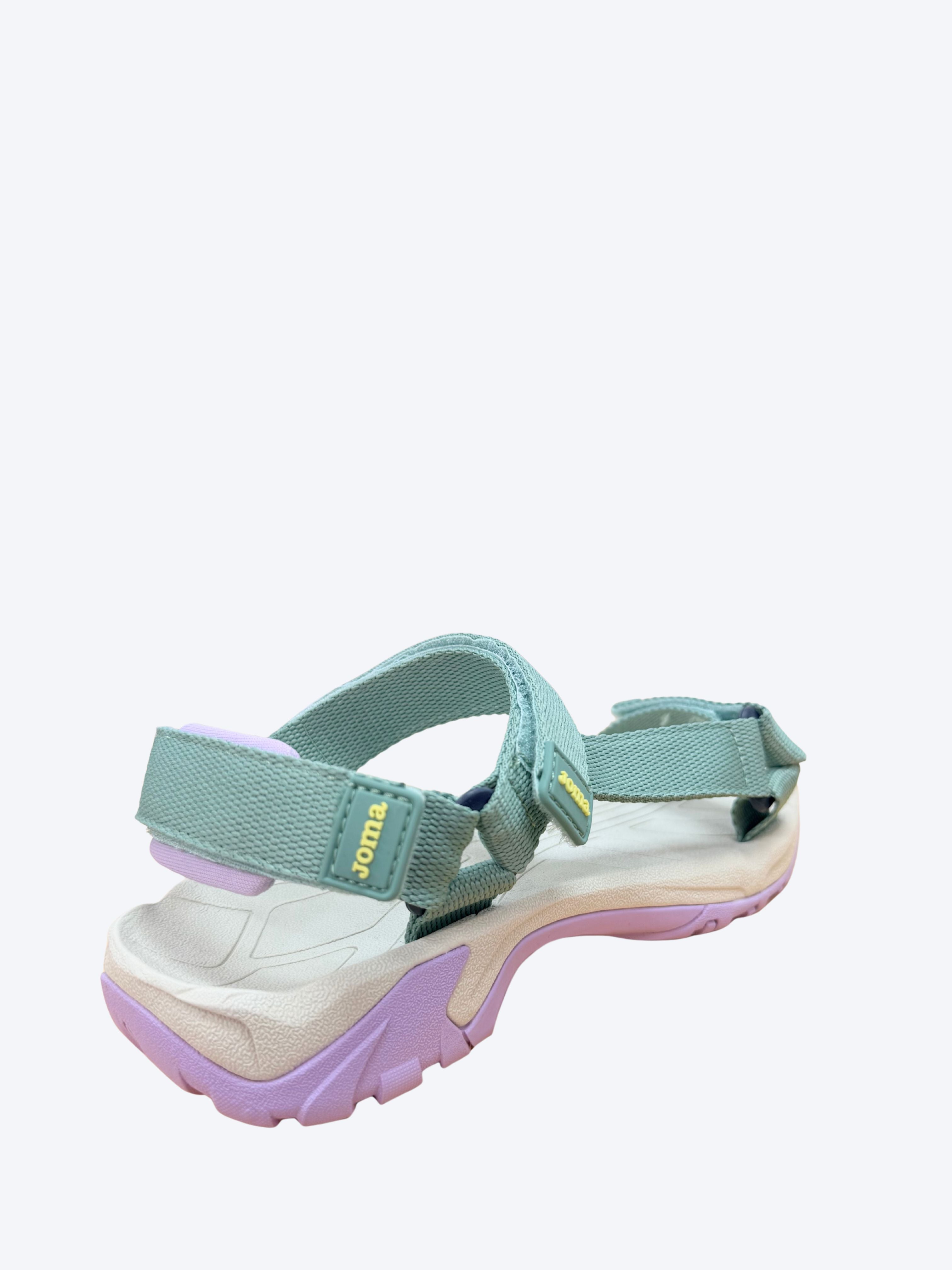 Sandalia mujer Joma verde agua vista trasera mostrando velcro tobillo y suela trekking lila