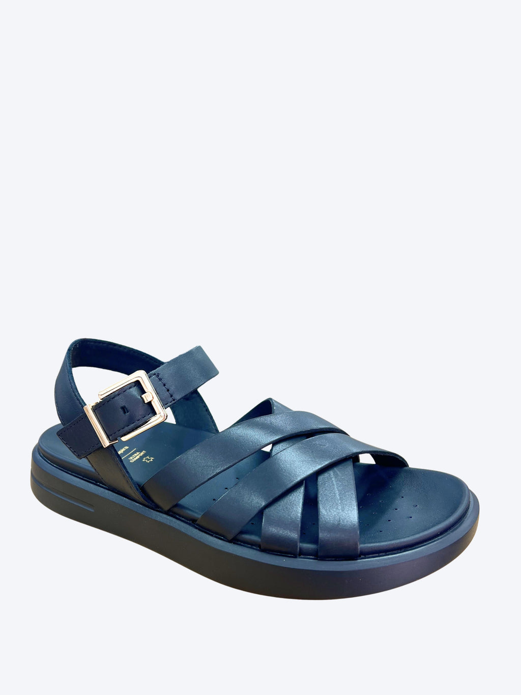 Sandalia Geox mujer negra con tiras cruzadas de piel y suela plana, vista frontal
