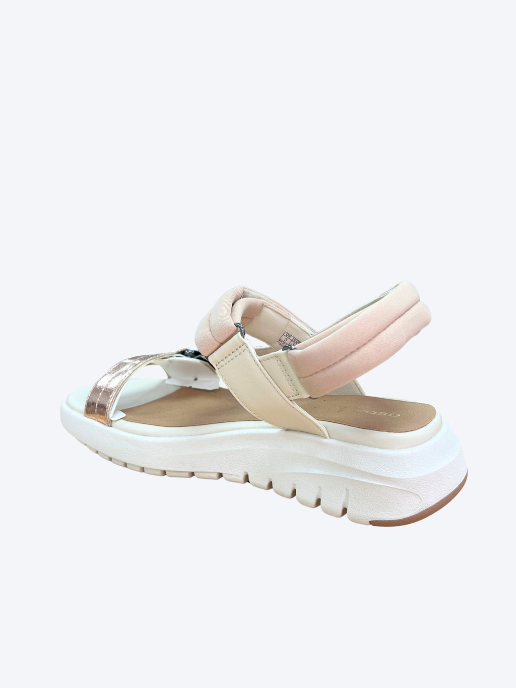 Sandalia Geox mujer con tiras metalizadas, cierre velcro trasero y suela plataforma blanca gruesa