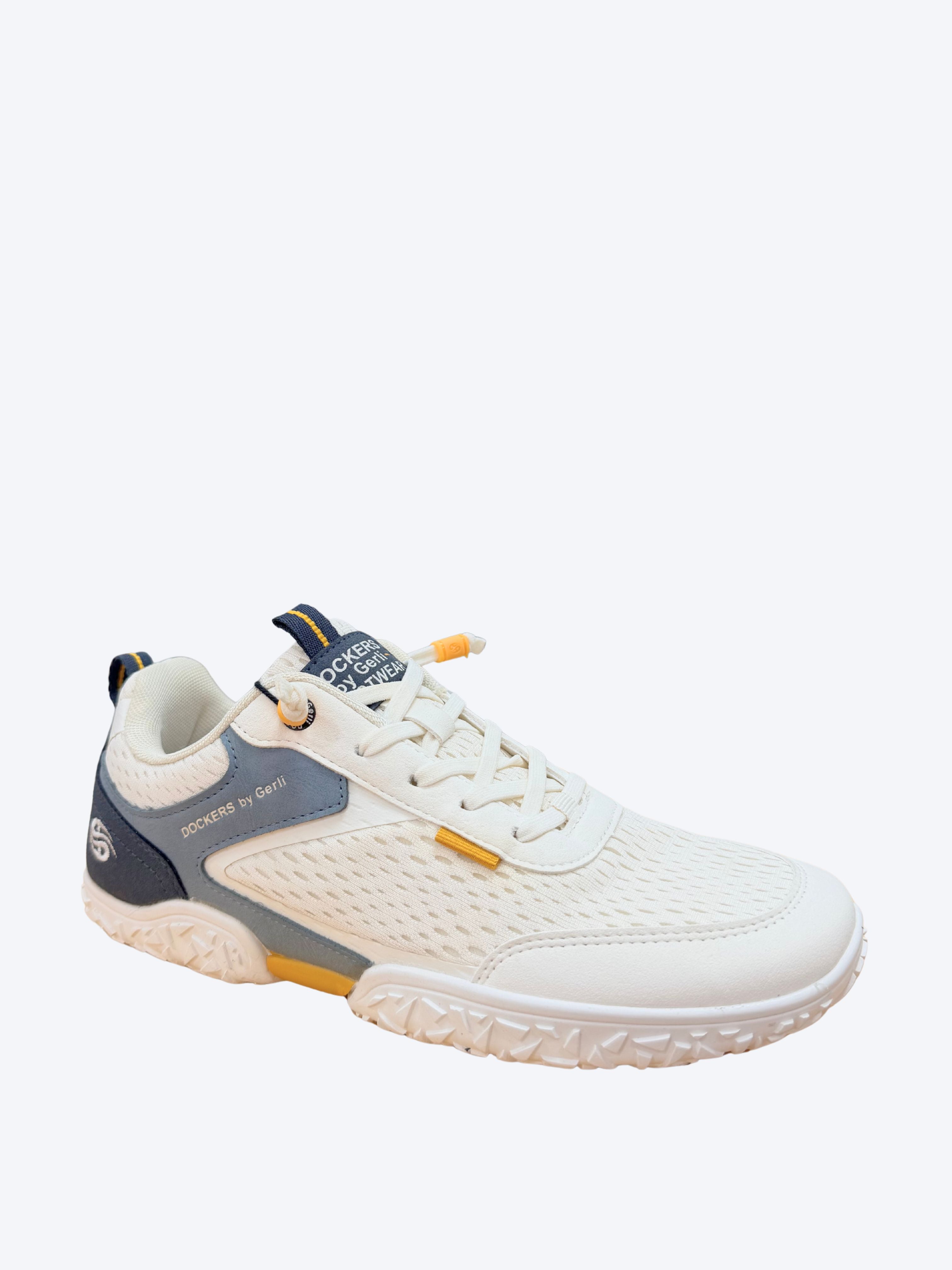 Zapatilla barefoot hombre Dockers blanco marino vista diagonal frontal con malla transpirable