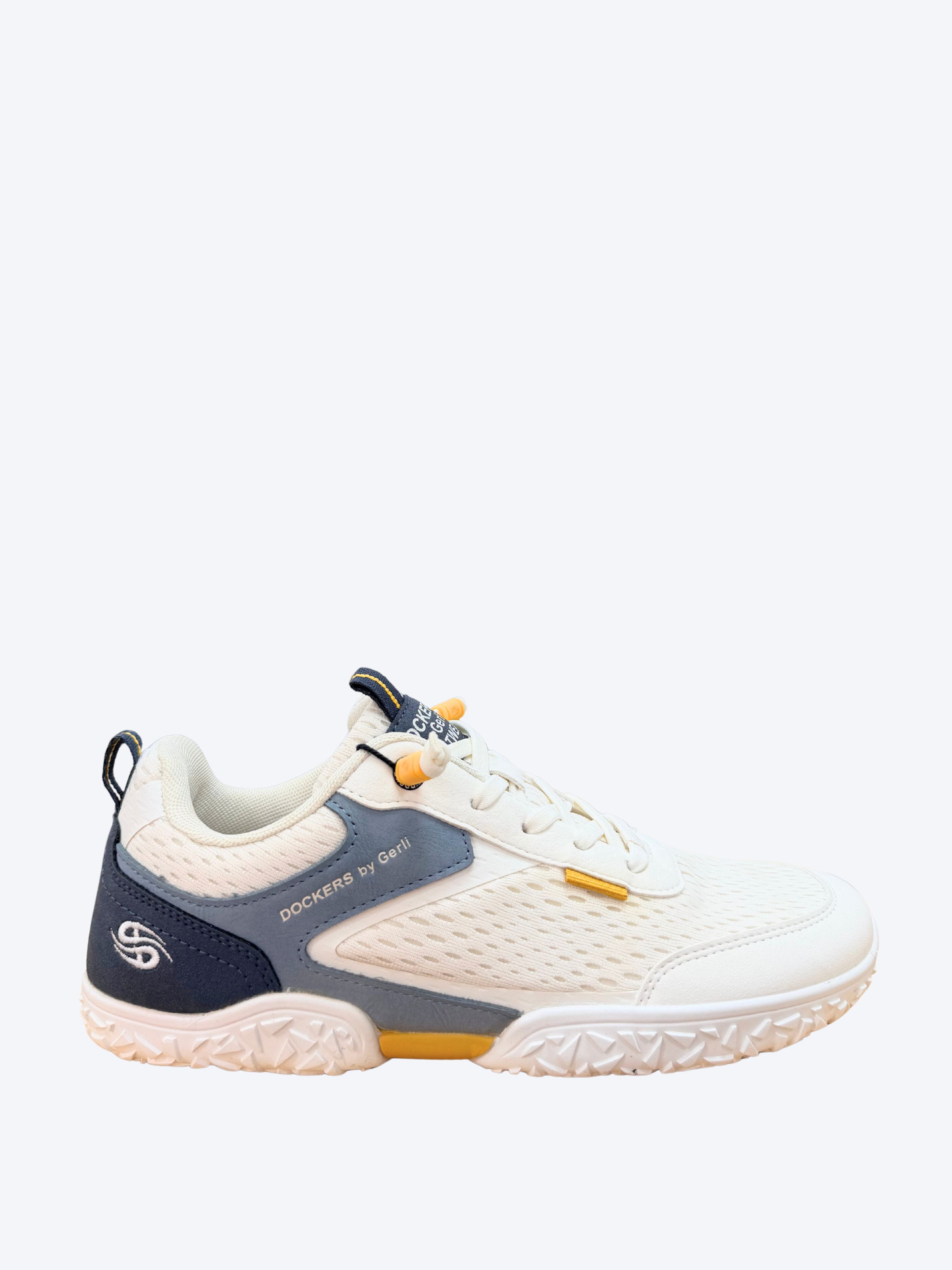 Zapatilla barefoot hombre Dockers blanco con detalles marino y amarillo vista lateral izquierda