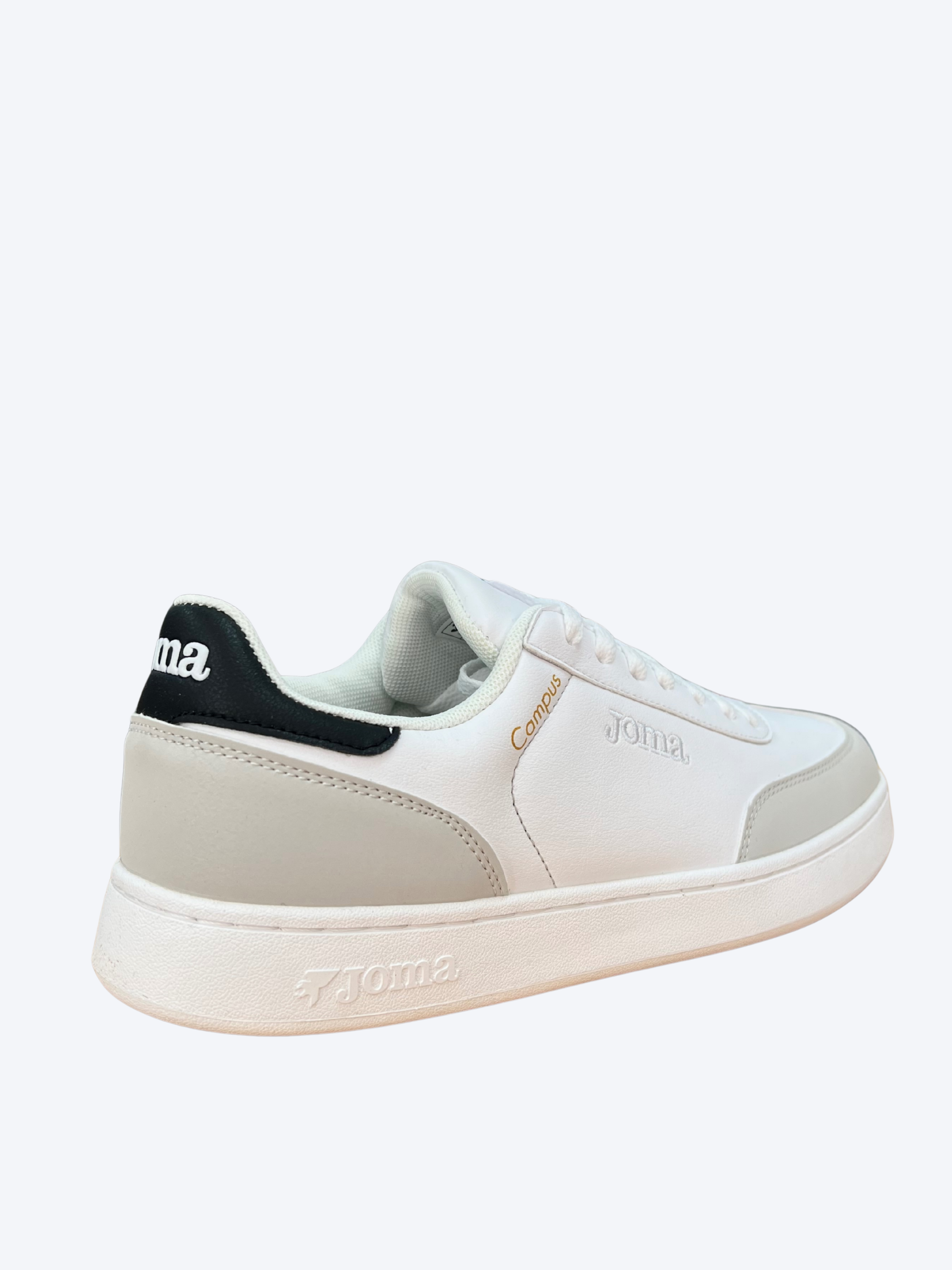 Vista trasera y lateral de las zapatillas Joma Campus para hombre en color blanco con suela blanca